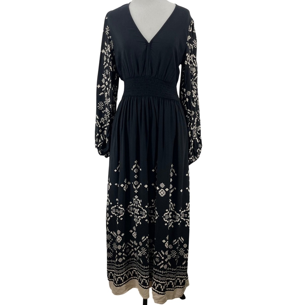 Knox Rose Size XS Maxi Dress Long Sleeve Black Cream Geometric Smocked Boho